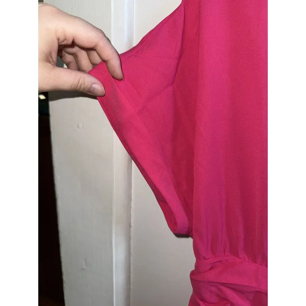 Hot Pink V-Neck Faux Wrap Maxi Dress Smocked Waist XL - Picture 3 of 7